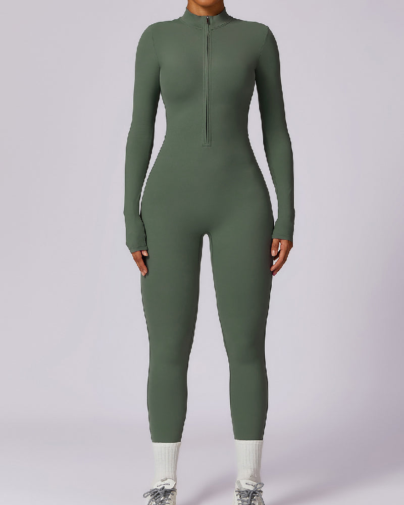 Einteiliger Athleisure Jumpsuit Lange Ärmel Frontreißverschluss Voll Bodysuit
