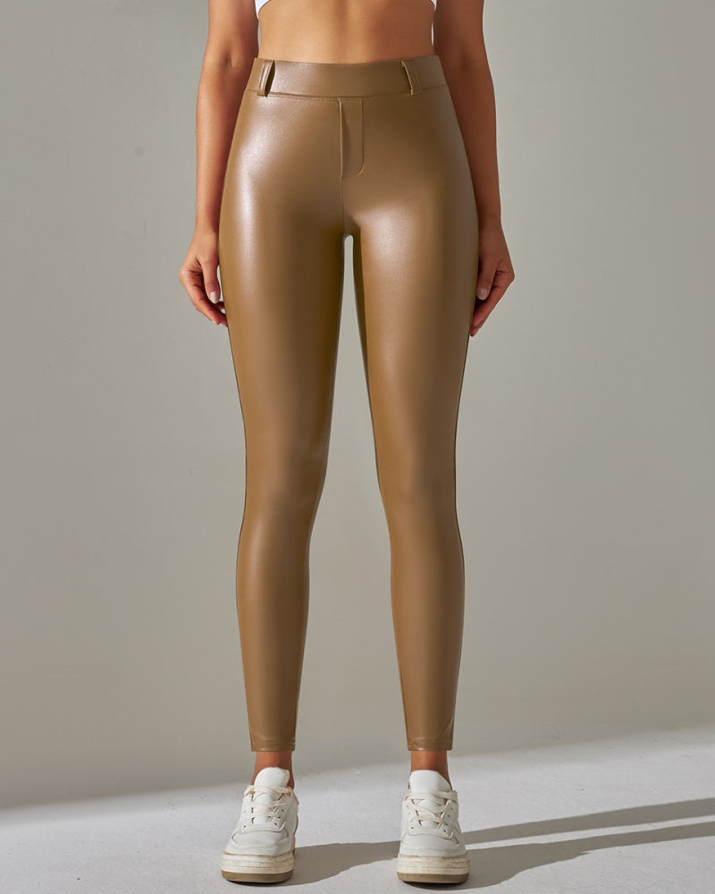 PU Lederhose Hohe Taille Enge Sport Yogahose Schmal