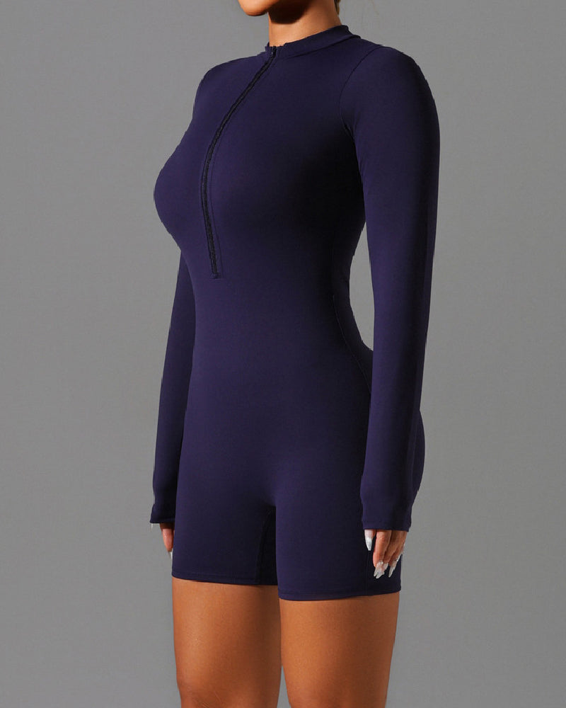 Nahtloser Stehkragen Jumpsuit mit Langen Ärmeln und Reißverschluss