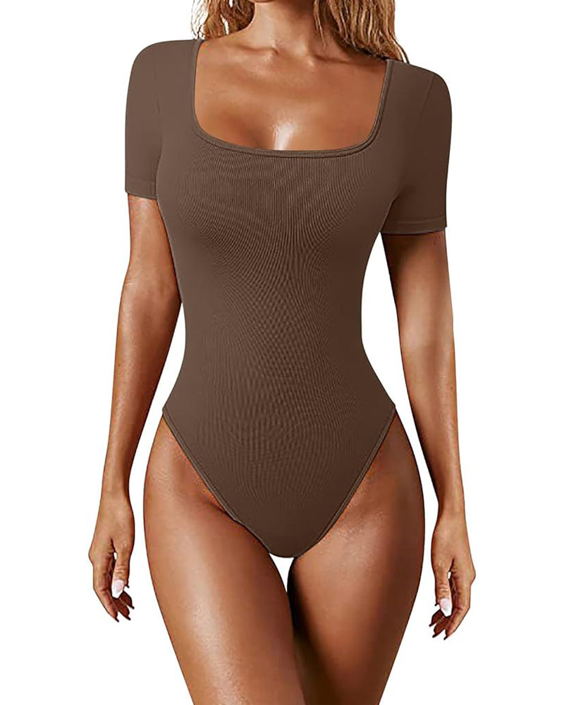 Sexy Gerippter Eckiger Ausschnitt Kurzärmeliger Kragen Tanga Bodysuit