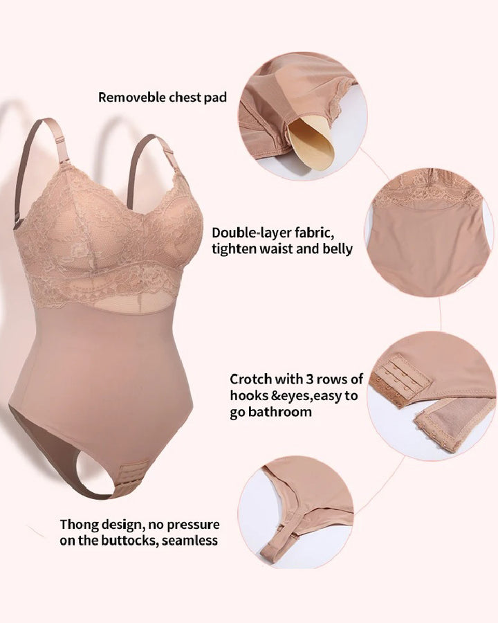 Nahtloser Spitzen Bodysuit Bauchkontrolle Tanga Shapewear mit BH