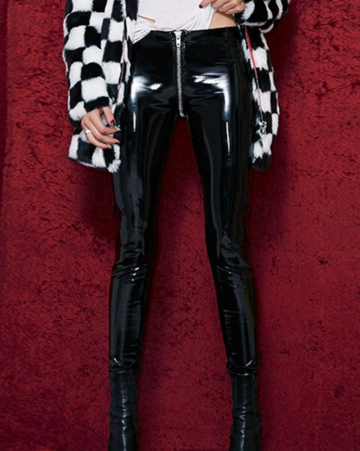 Lackleder Leggings mit Schritt-Reißverschluss für kurvige Frauen