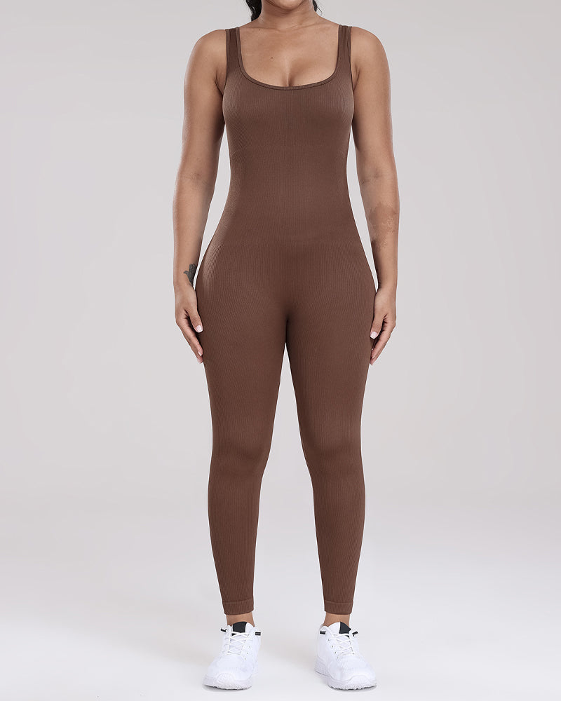 Gerippter U-Ausschnitt Ärmelloser Bodysuit Enganliegend Hochelastische Jumpsuits