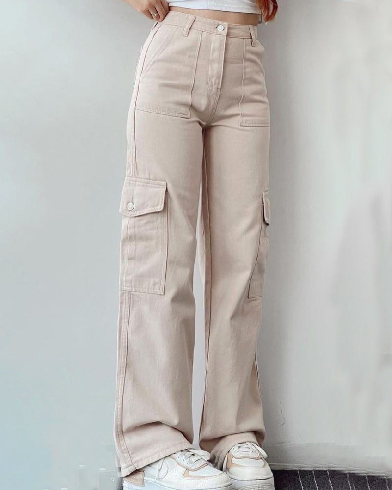 Mittlere Taille Weite Bein Cargo Jeans mit Taschen