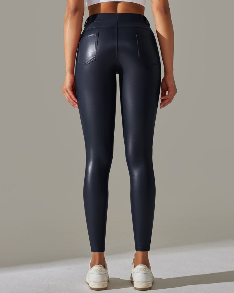 PU Lederhose Hohe Taille Enge Sport Yogahose Schmal