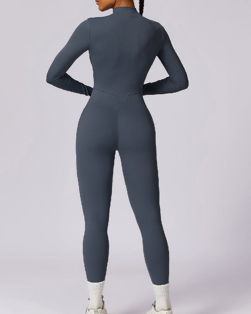Einteiliger Athleisure Jumpsuit Lange Ärmel Frontreißverschluss Voll Bodysuit