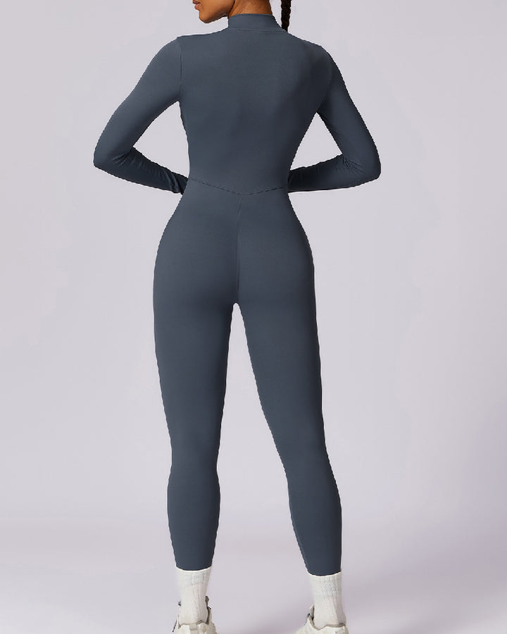 Einteiliger Athleisure Jumpsuit Lange Ärmel Frontreißverschluss Voll Bodysuit