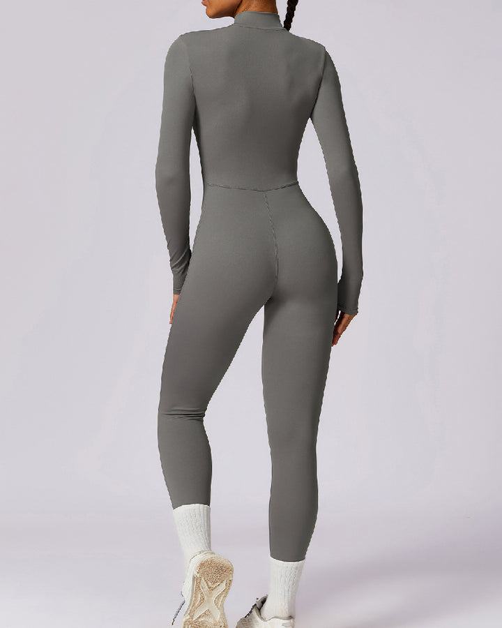 Einteiliger Athleisure Jumpsuit Lange Ärmel Frontreißverschluss Voll Bodysuit
