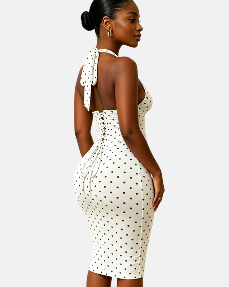 Gepunktetes Midikleid mit Korsett Halter und Schnürung am Rücken