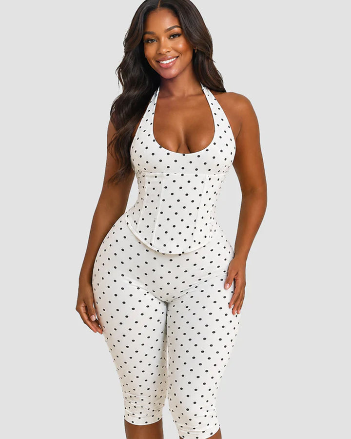 Sanduhrfigur-Figurformer Taillenformer gepunkteter Capri-Jumpsuit zweiteiliges Set