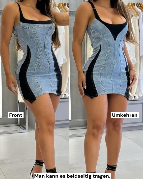 Kontrast Farbe Denim Ärmellos Bodycon Mini Kleid