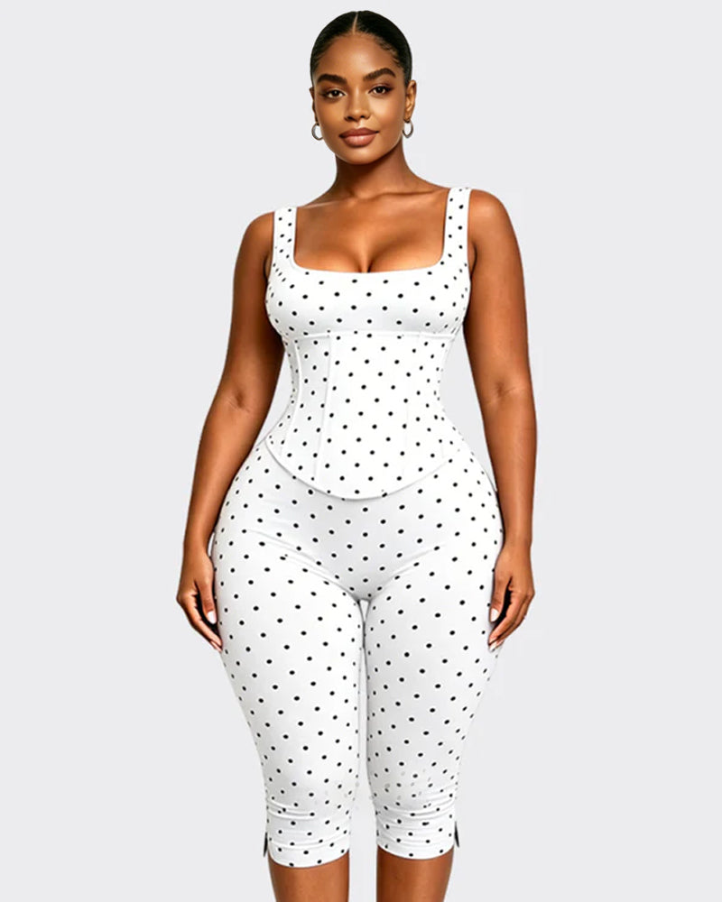 Zweiteiliger Capri Jumpsuit mit Polka Dots und abnehmbarem Korsett in Sanduhrform