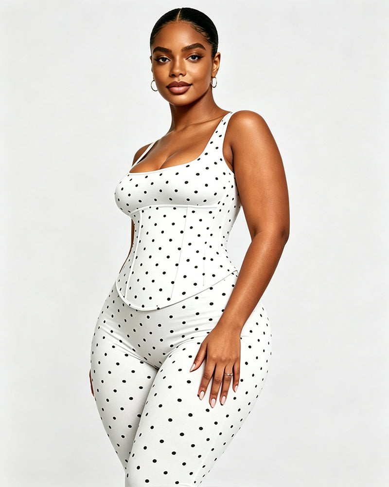 Zweiteiliger Capri Jumpsuit mit Polka Dots und abnehmbarem Korsett in Sanduhrform