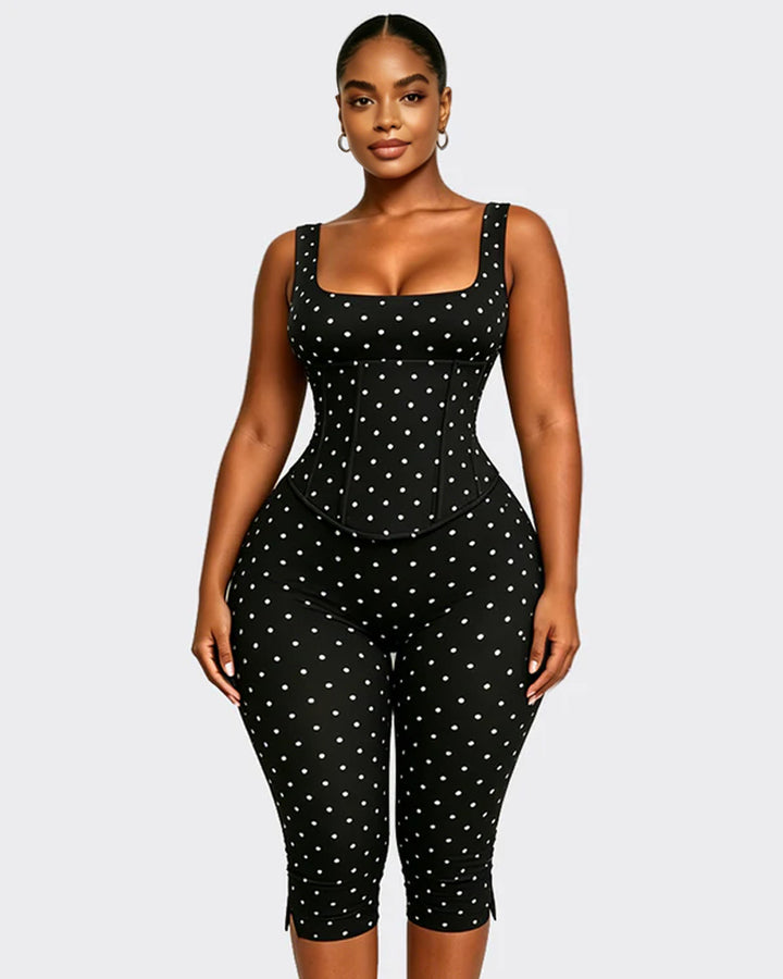 Zweiteiliger Capri Jumpsuit mit Polka Dots und abnehmbarem Korsett in Sanduhrform