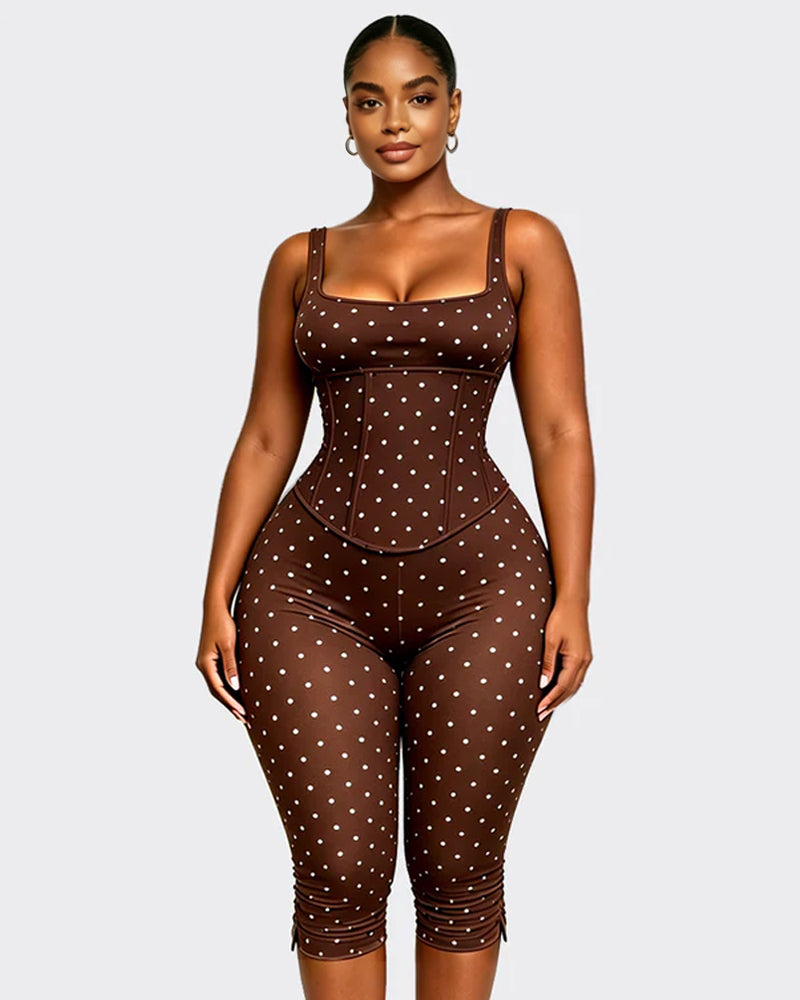 Zweiteiliger Capri Jumpsuit mit Polka Dots und abnehmbarem Korsett in Sanduhrform