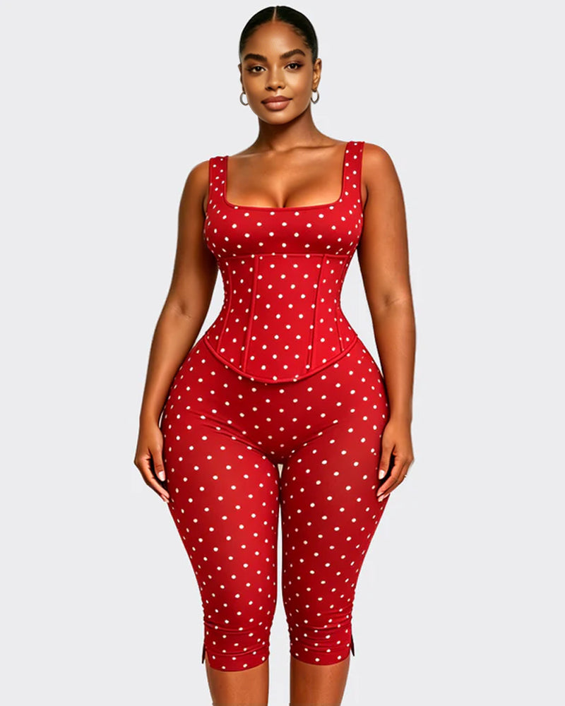 Zweiteiliger Capri Jumpsuit mit Polka Dots und abnehmbarem Korsett in Sanduhrform