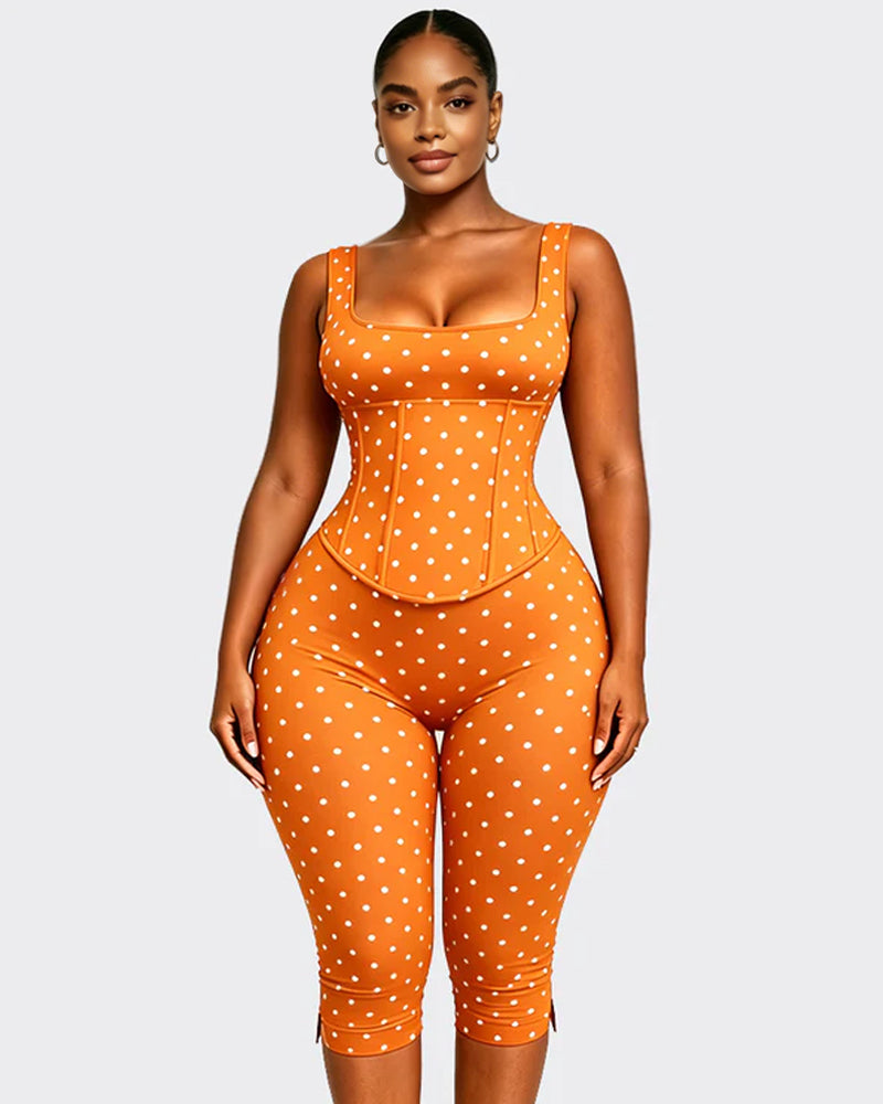 Zweiteiliger Capri Jumpsuit mit Polka Dots und abnehmbarem Korsett in Sanduhrform