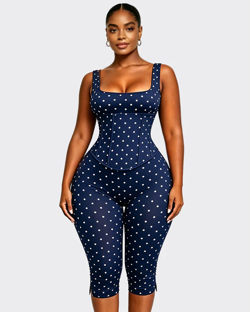 Zweiteiliger Capri Jumpsuit mit Polka Dots und abnehmbarem Korsett in Sanduhrform
