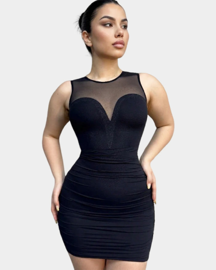 Netz Kleid mit Hotfix Strass, ärmellos Plissee Bodycon Mini-Kleid