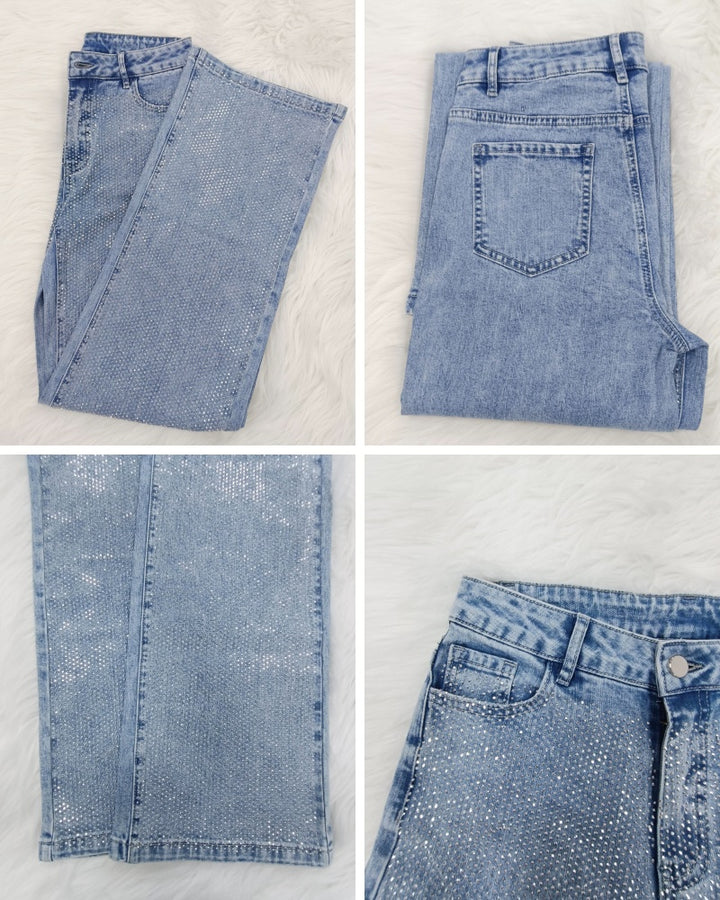 Shapshe® Damenmode Vielseitige Wide Leg Jeans mit Strass