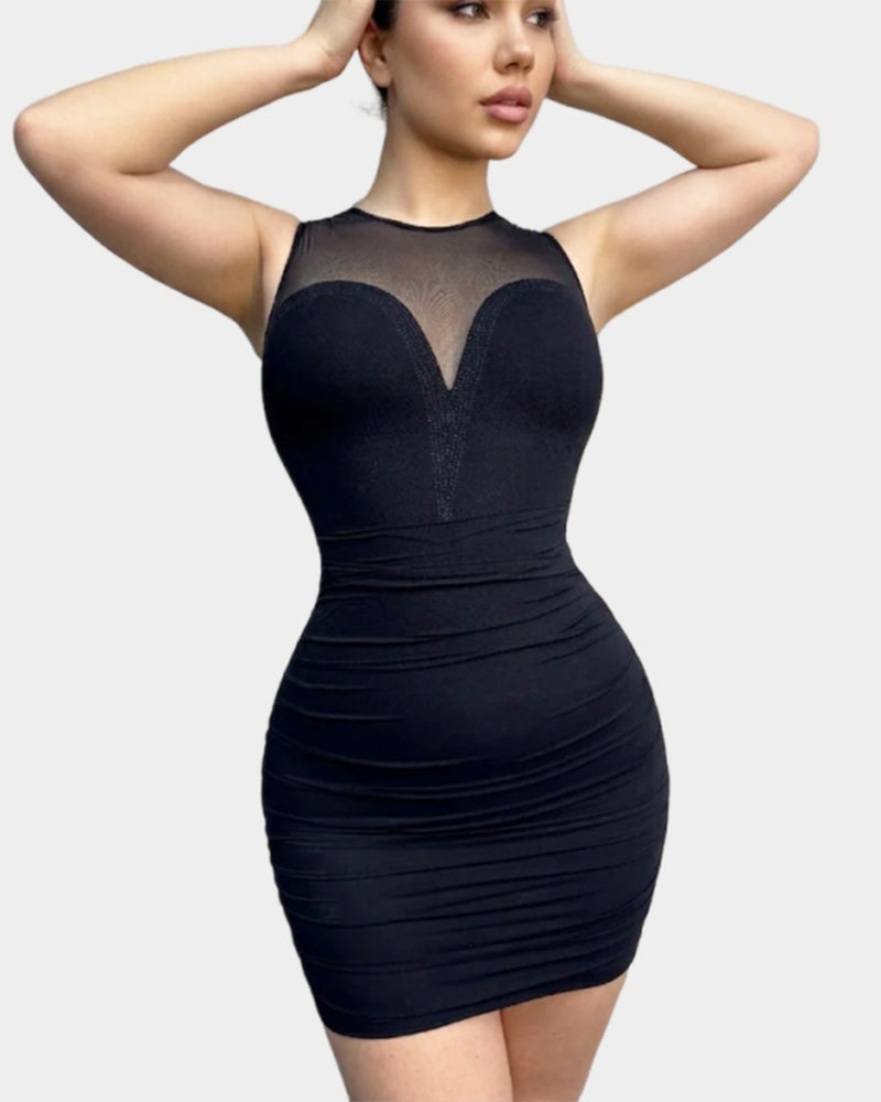 Netz Kleid mit Hotfix Strass, ärmellos Plissee Bodycon Mini-Kleid