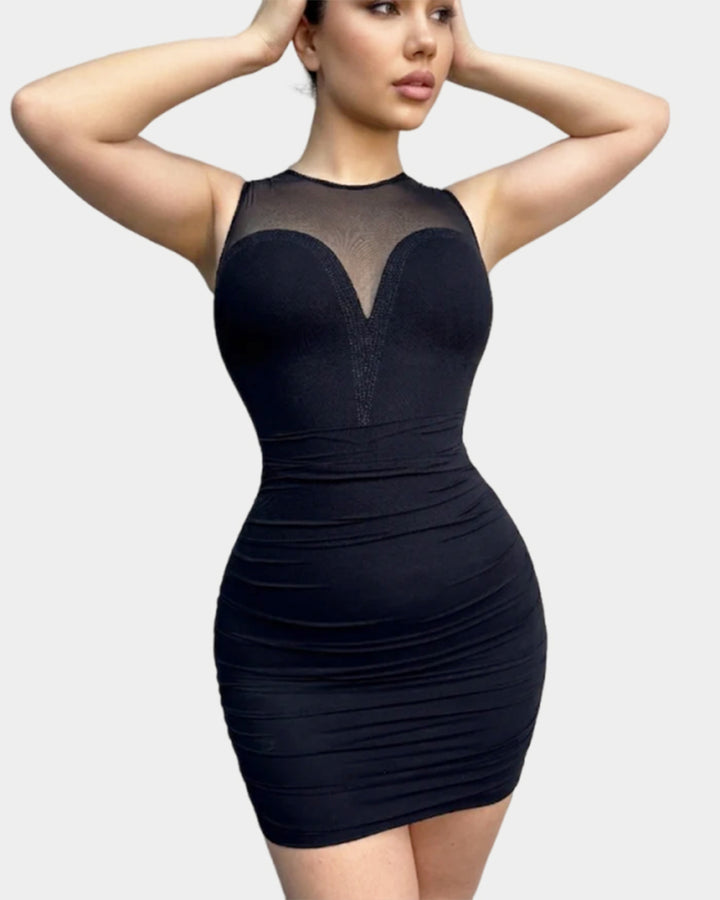 Netz Kleid mit Hotfix Strass, ärmellos Plissee Bodycon Mini-Kleid