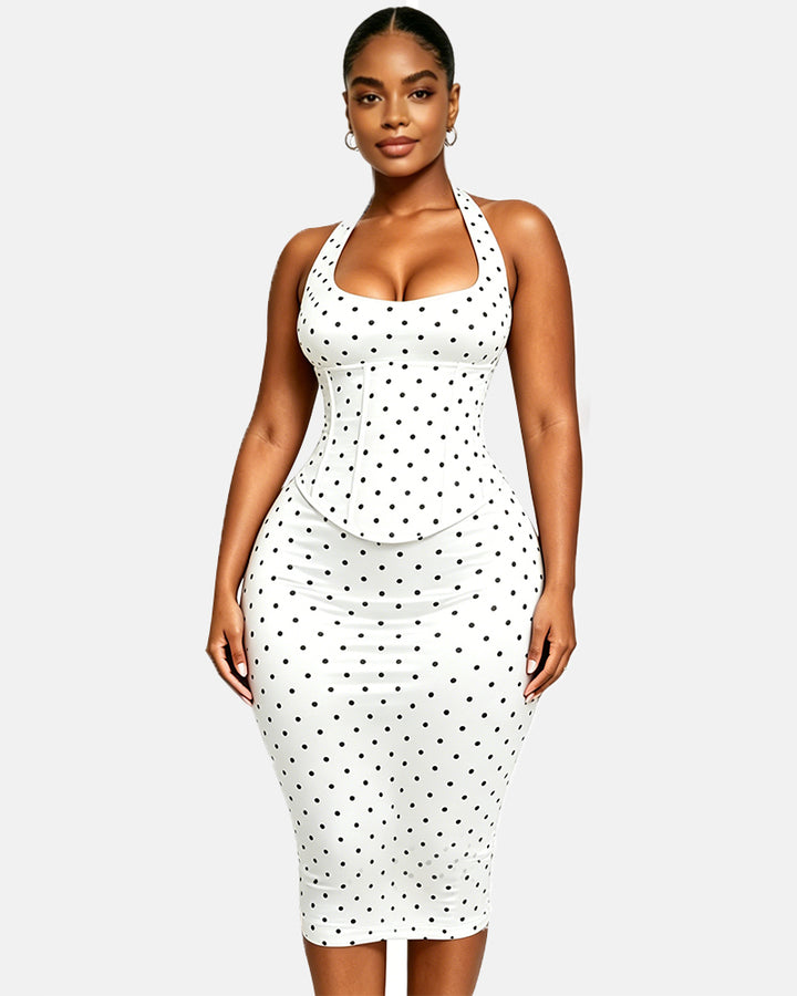 Gepunktetes Midikleid mit Korsett Halter und Schnürung am Rücken