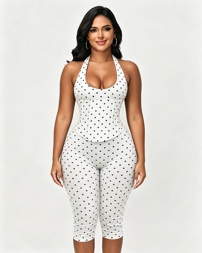 Sanduhrfigur-Figurformer, Taillenformer, gepunkteter Capri-Jumpsuit, zweiteiliges Set