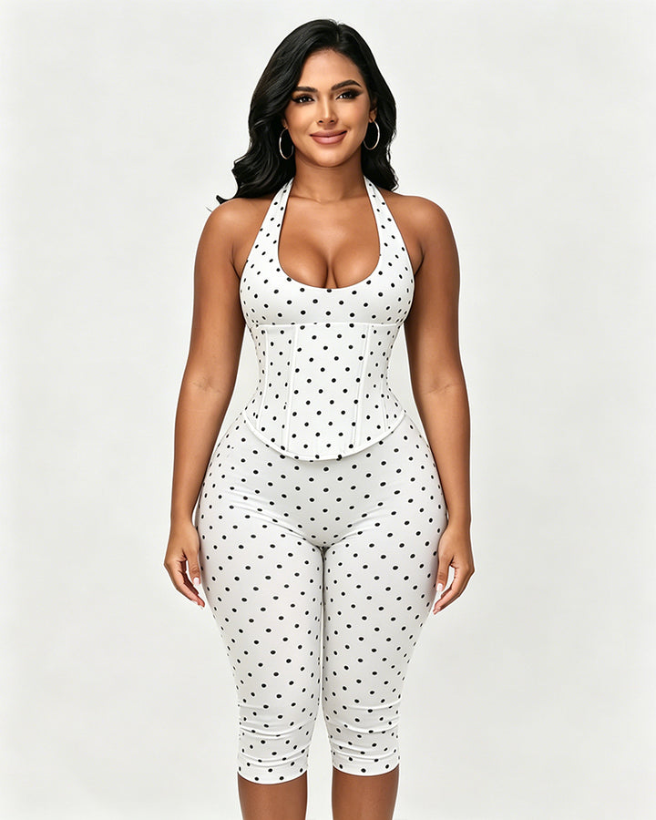 Sanduhrfigur-Figurformer, Taillenformer, gepunkteter Capri-Jumpsuit, zweiteiliges Set