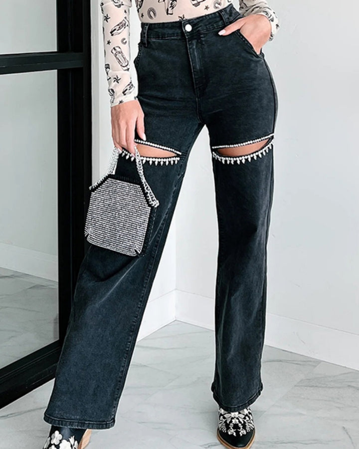 Hoch Taillierte Verwaschene Jeans Weitem Bein Verziertem Ausschnitt