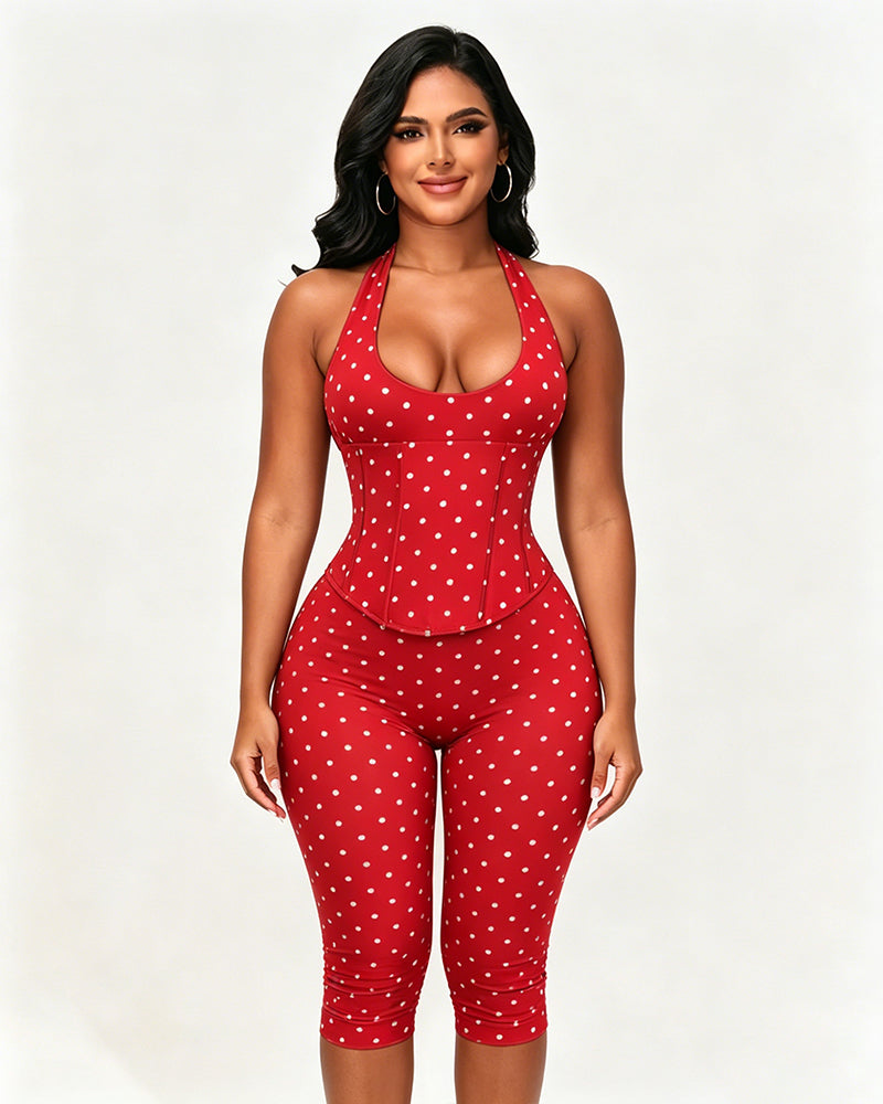 Sanduhrfigur-Figurformer, Taillenformer, gepunkteter Capri-Jumpsuit, zweiteiliges Set