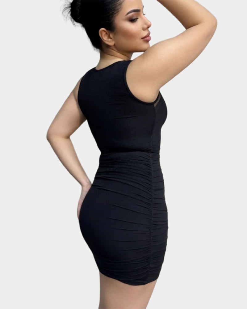 Netz Kleid mit Hotfix Strass, ärmellos Plissee Bodycon Mini-Kleid