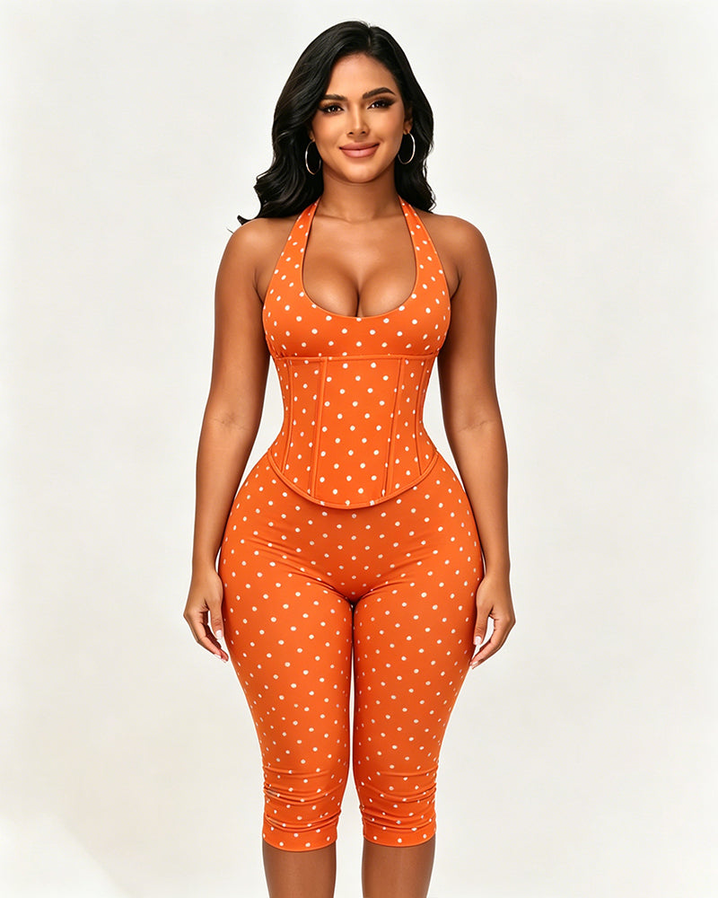 Sanduhrfigur-Figurformer, Taillenformer, gepunkteter Capri-Jumpsuit, zweiteiliges Set