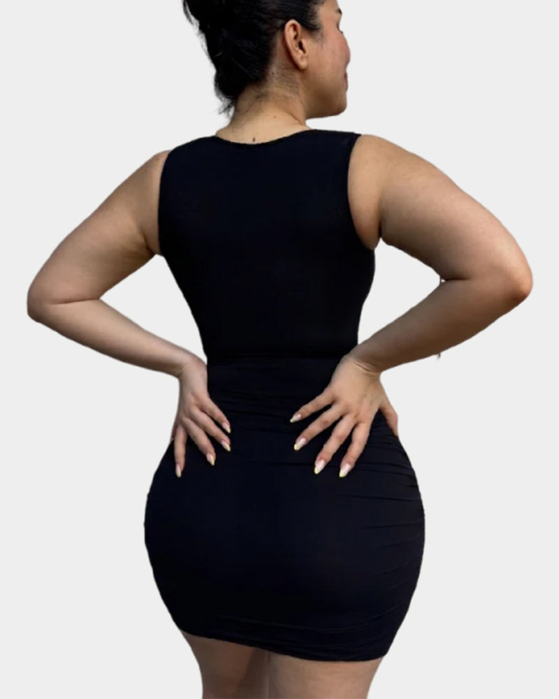 Netz Kleid mit Hotfix Strass, ärmellos Plissee Bodycon Mini-Kleid