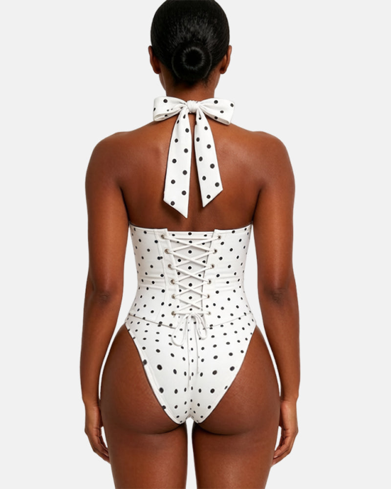 Gepunktetes Midikleid mit Korsett Halter und Schnürung am Rücken