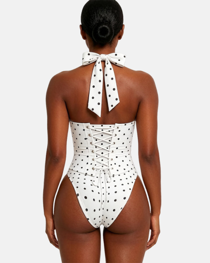 Gepunktetes Midikleid mit Korsett Halter und Schnürung am Rücken