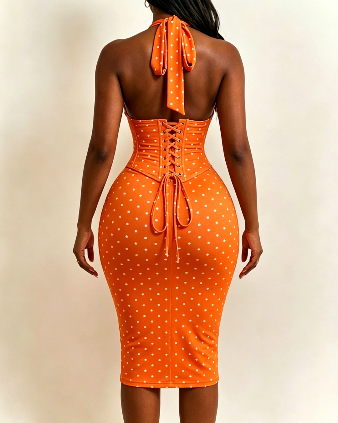 Gepunktetes Midikleid mit Korsett Halter und Schnürung am Rücken