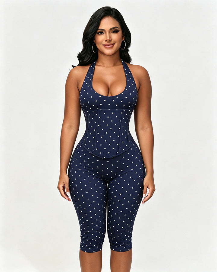 Sanduhrfigur-Figurformer, Taillenformer, gepunkteter Capri-Jumpsuit, zweiteiliges Set