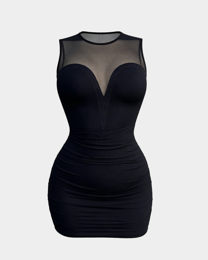 Netz Kleid mit Hotfix Strass, ärmellos Plissee Bodycon Mini-Kleid