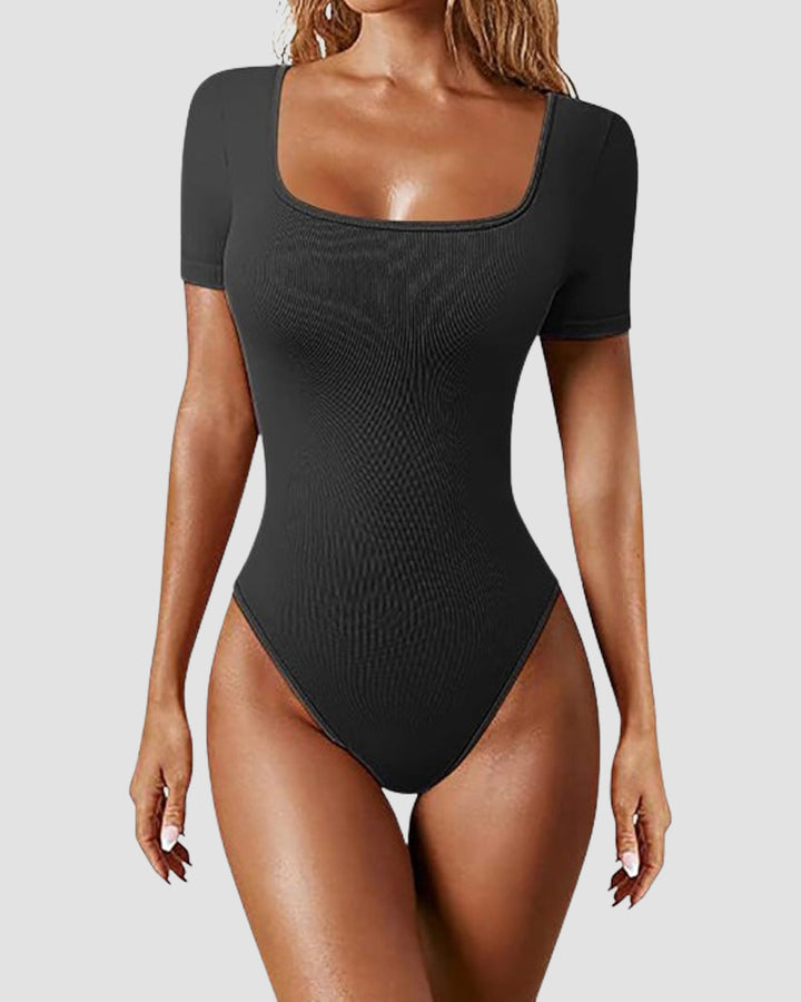 Sexy Gerippter Eckiger Ausschnitt Kurzärmeliger Kragen Tanga Bodysuit