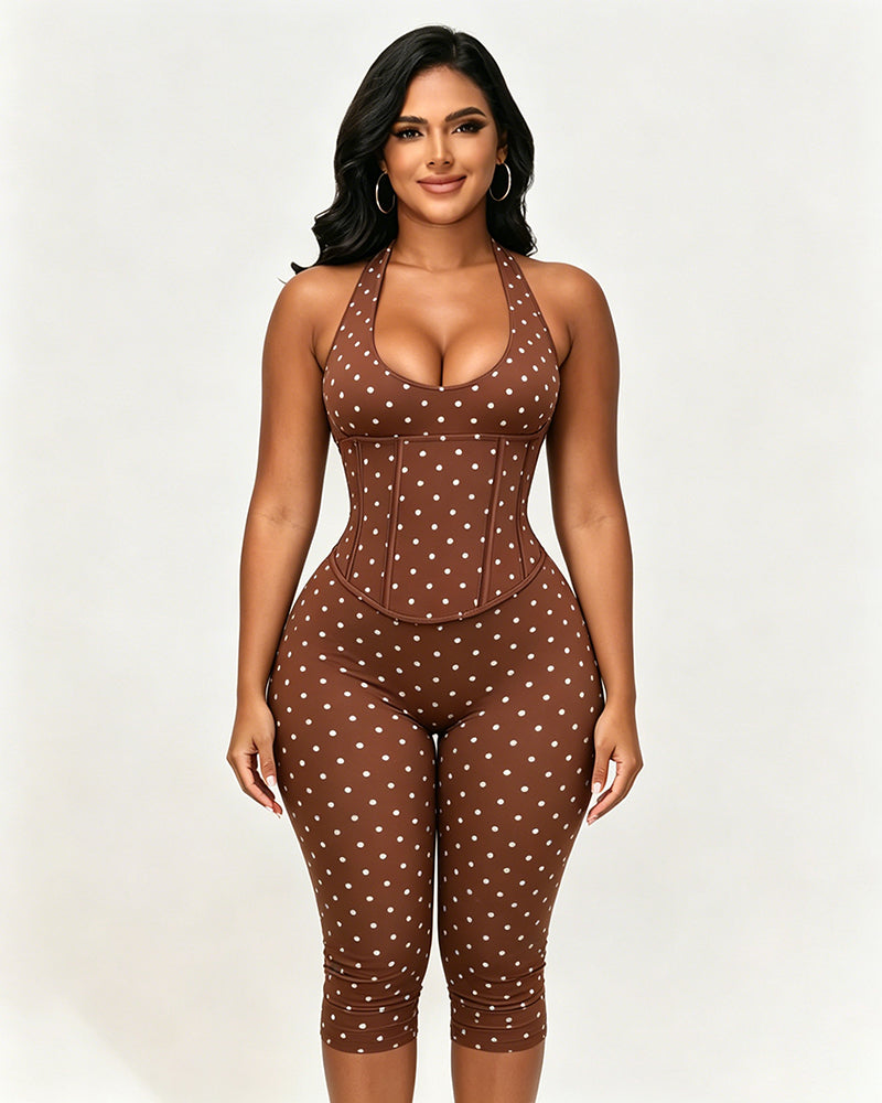 Sanduhrfigur-Figurformer, Taillenformer, gepunkteter Capri-Jumpsuit, zweiteiliges Set
