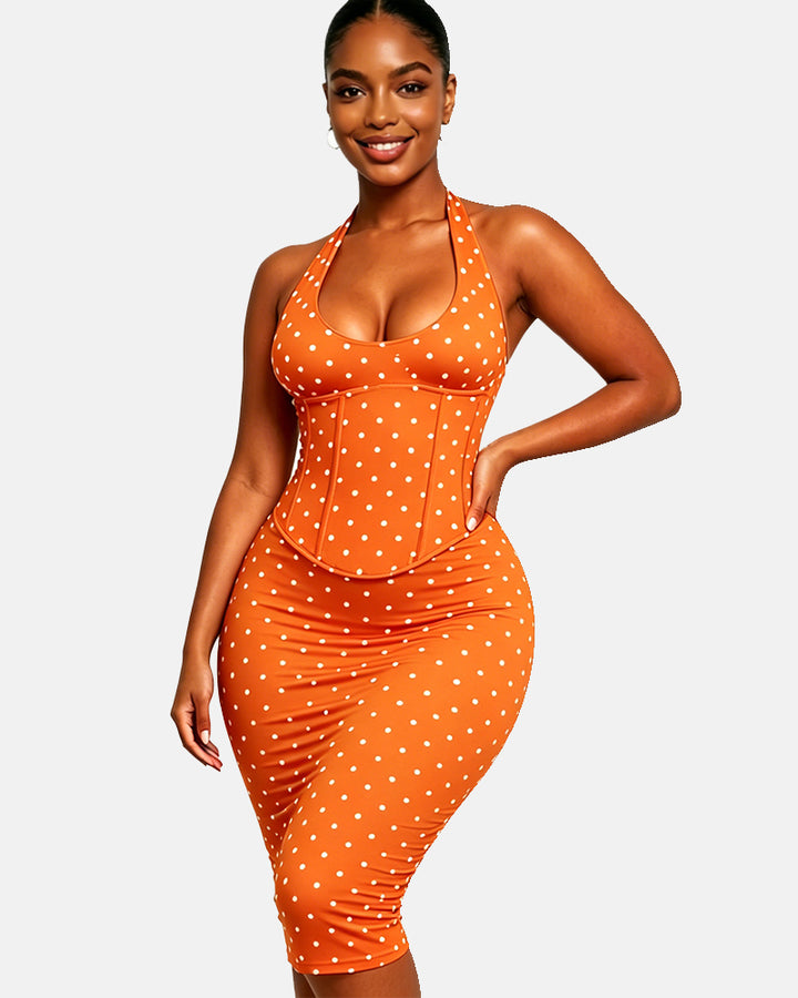 Gepunktetes Midikleid mit Korsett Halter und Schnürung am Rücken