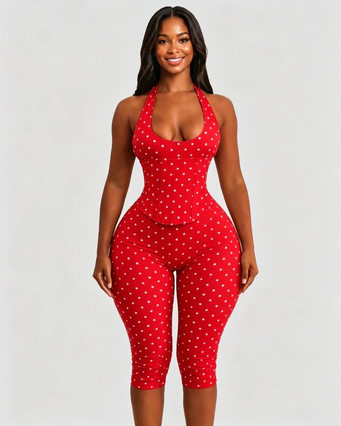 Sanduhrfigur-Figurformer Taillenformer gepunkteter Capri-Jumpsuit zweiteiliges Set