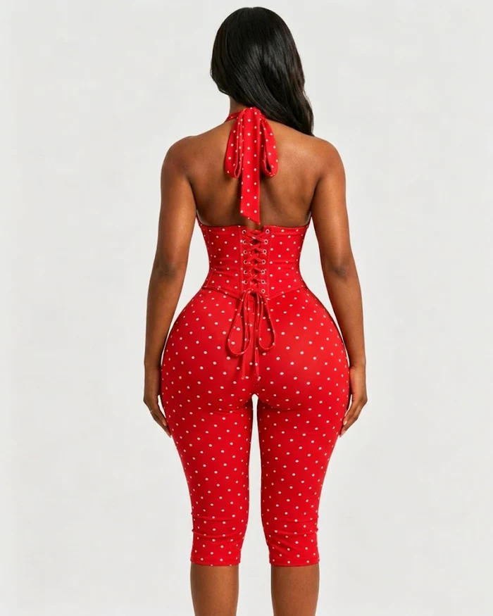Sanduhrfigur-Figurformer Taillenformer gepunkteter Capri-Jumpsuit zweiteiliges Set