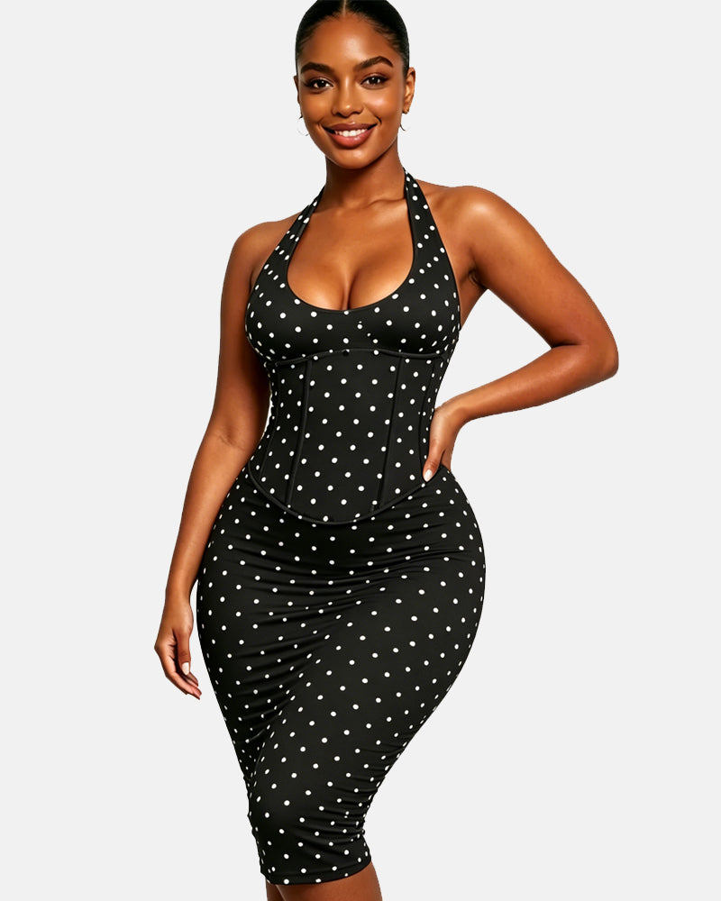 Gepunktetes Midikleid mit Korsett Halter und Schnürung am Rücken