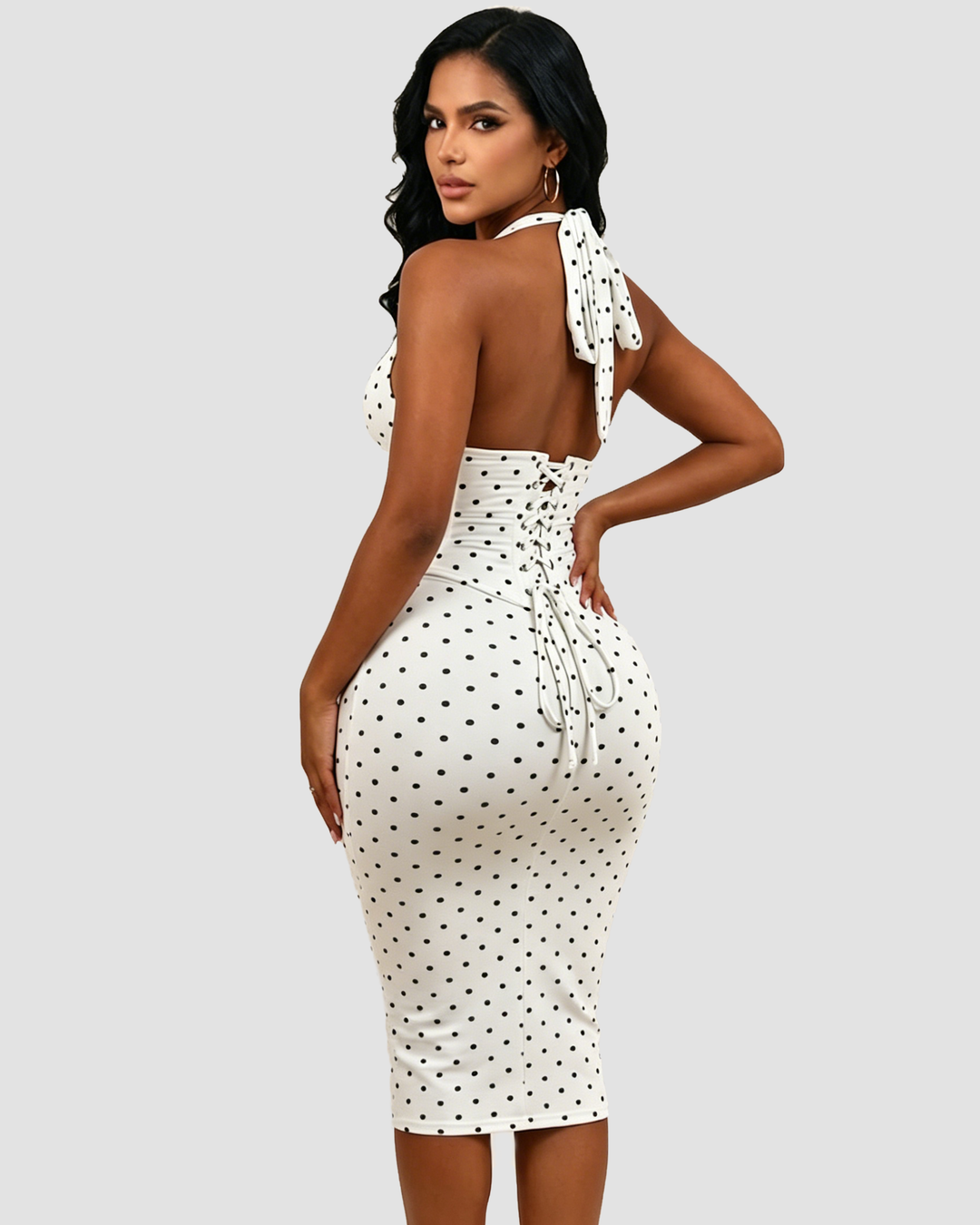 Gepunktetes Midikleid mit Korsett Halter und Schnürung am Rücken