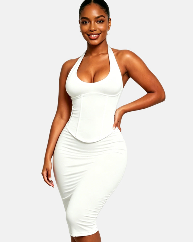 Gepunktetes Midikleid mit Korsett Halter und Schnürung am Rücken