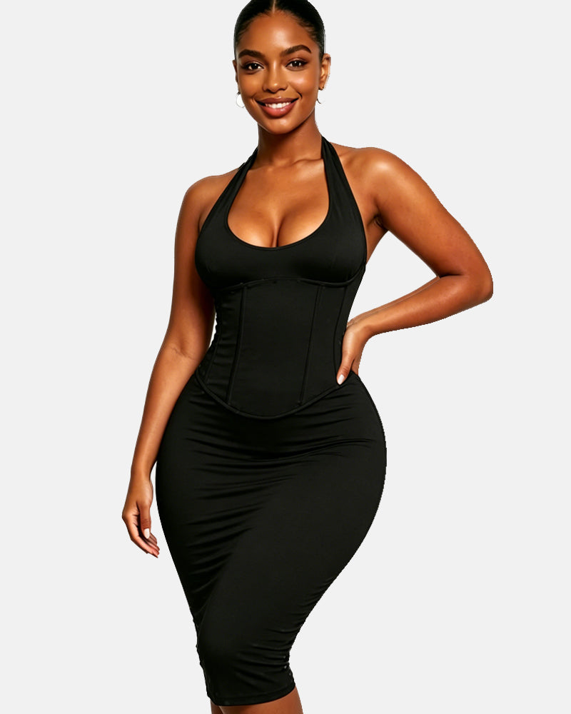 Gepunktetes Midikleid mit Korsett Halter und Schnürung am Rücken