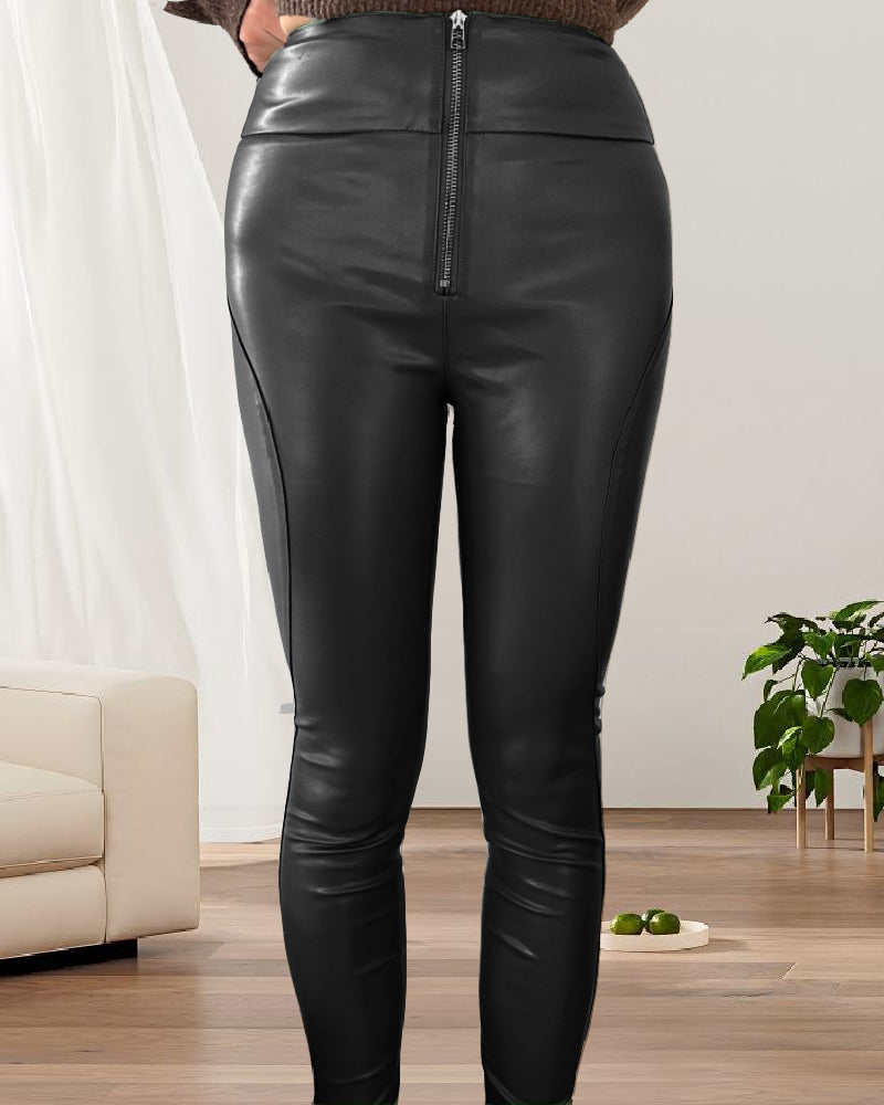 Damen Leder Booty Shaping hohe Taille Elastisch Schmal Leggings Hose