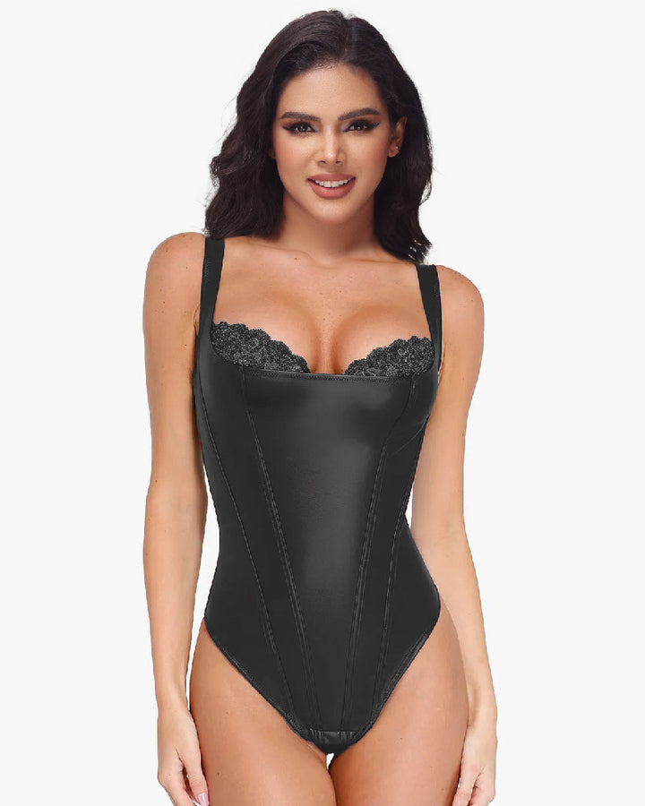 Shapshe® Shapewear Leder Spitze Balconette Tanga Bodysuit